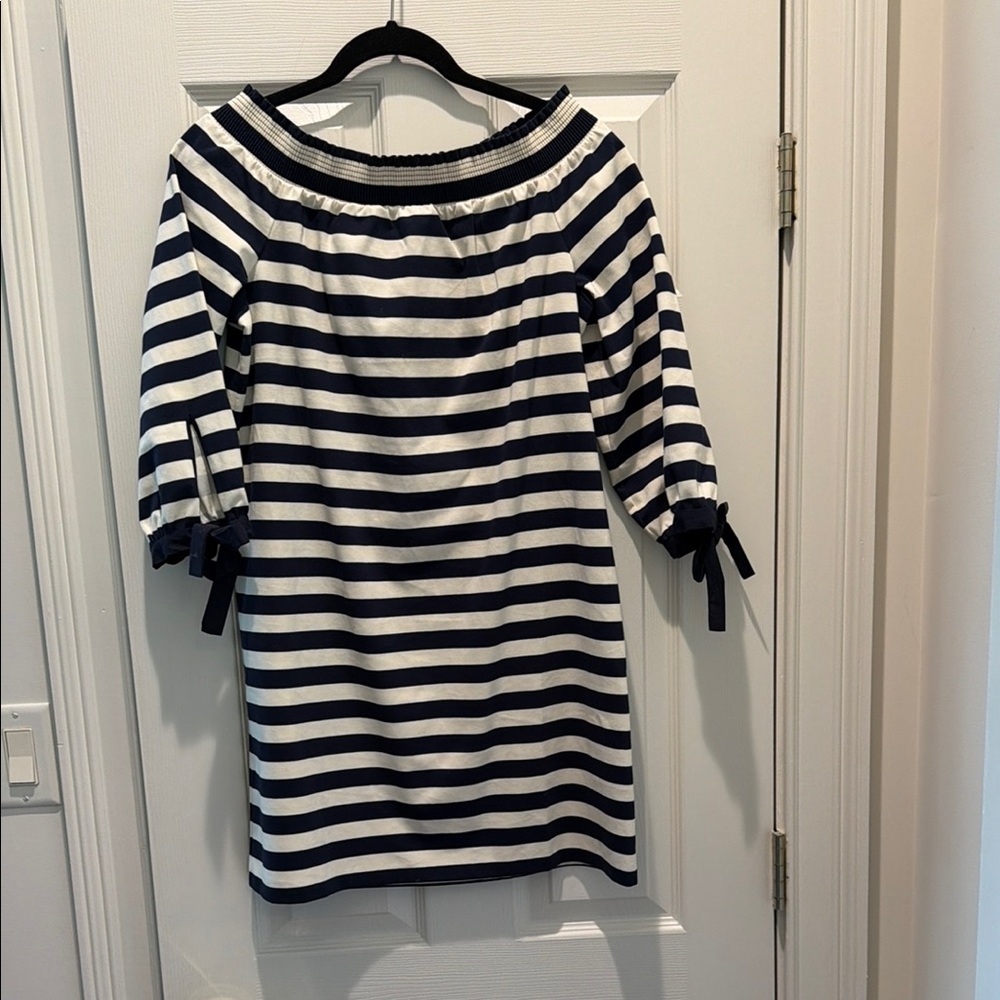 J. Crew Navy and White Striped Off-Shoulder Midi Dress. Sz S exc cond